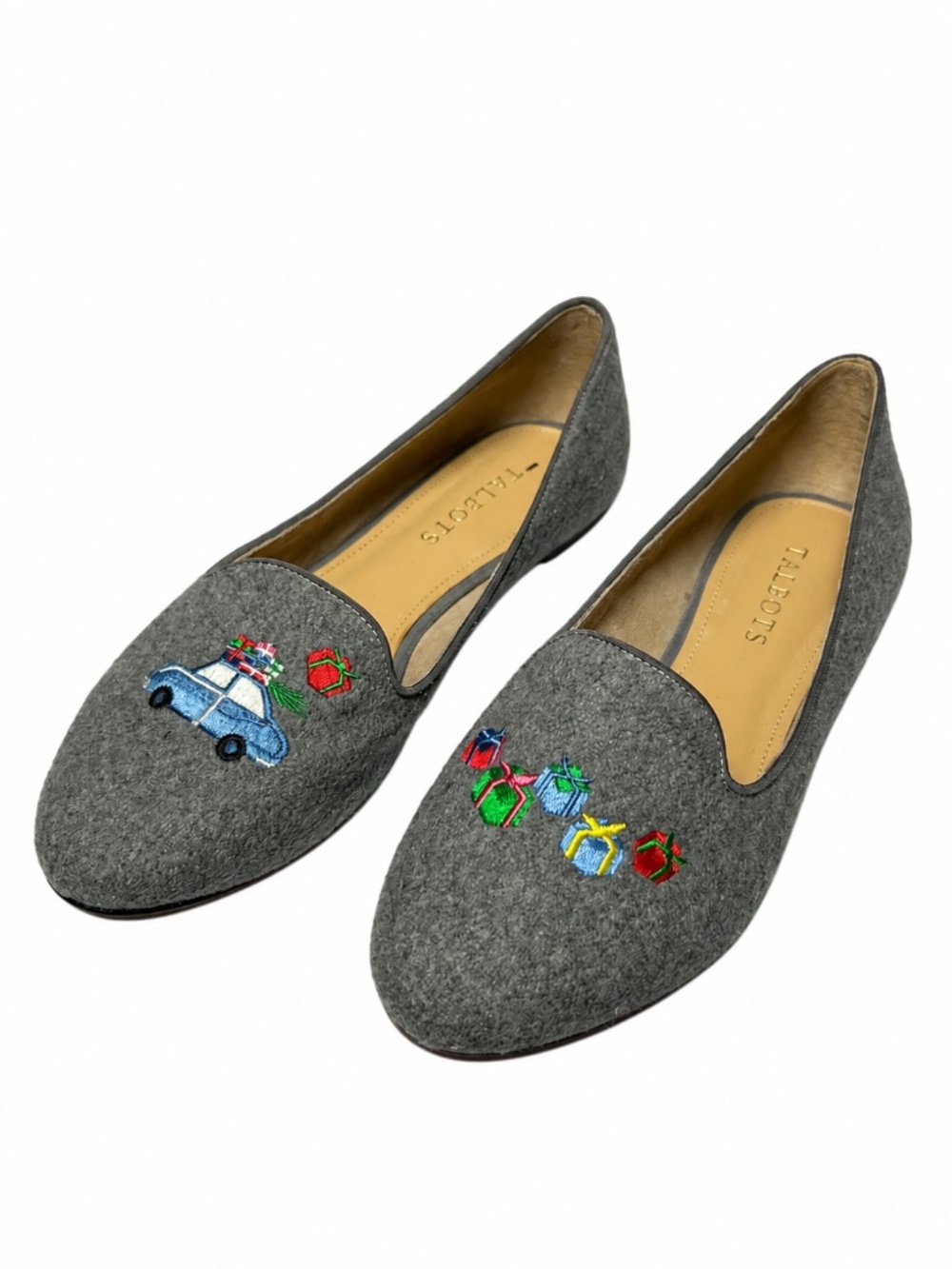 Talbots Ryan Novelty Holiday Loafer Wool Blend Women 7 Gray Embroidered Preppy